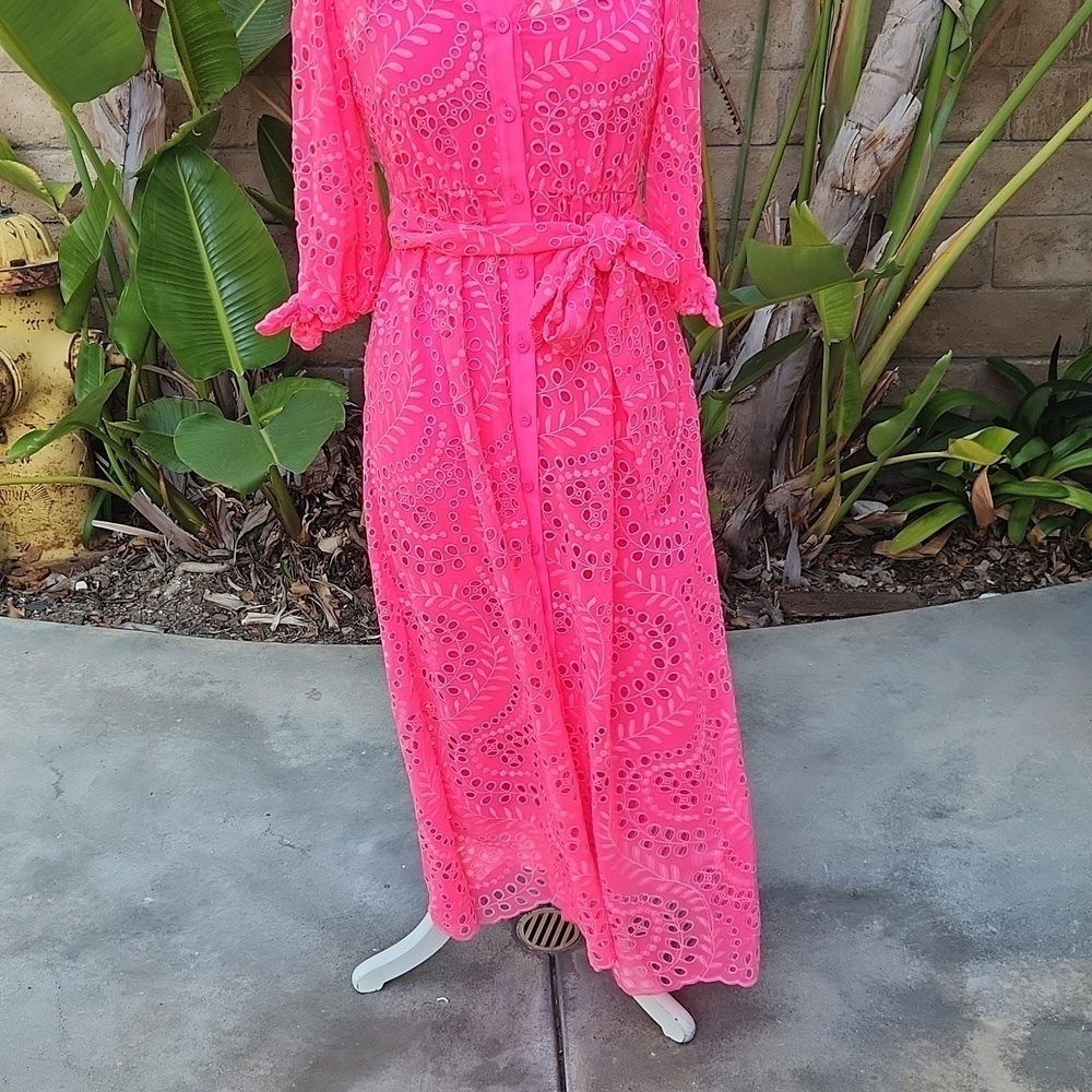 Lilly Pulitzer Amrita Maxi Shirt Dress Hot pink eyelet size 00 010634 - Picture 5 of 12